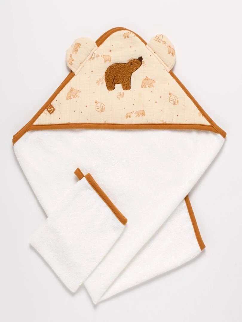 Cape de bain et gant en double gaze de coton et éponge SAUTHON Beige