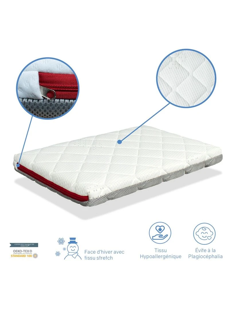 Matelas Bébé Berceau épaisseur 7 CM MINI DUO BABY   Déhoussable à mémoire   Blanc Rouge