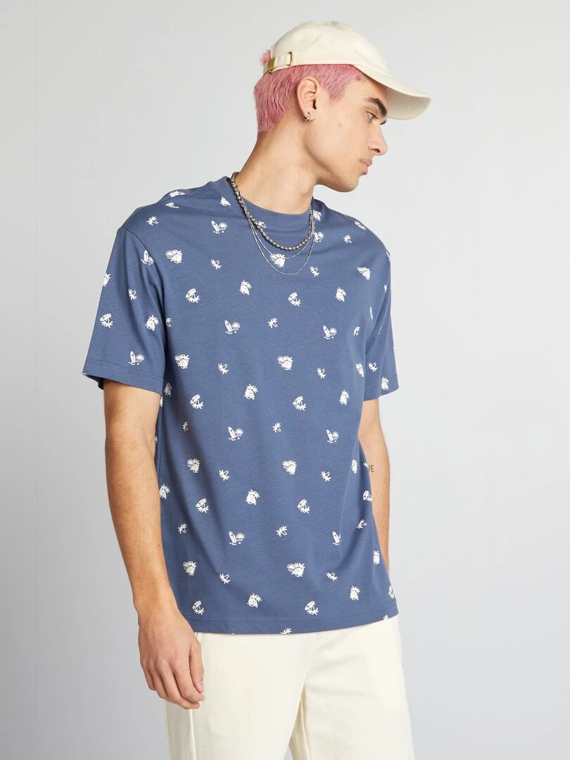 T shirt à col rond avec imprimé Bleu
