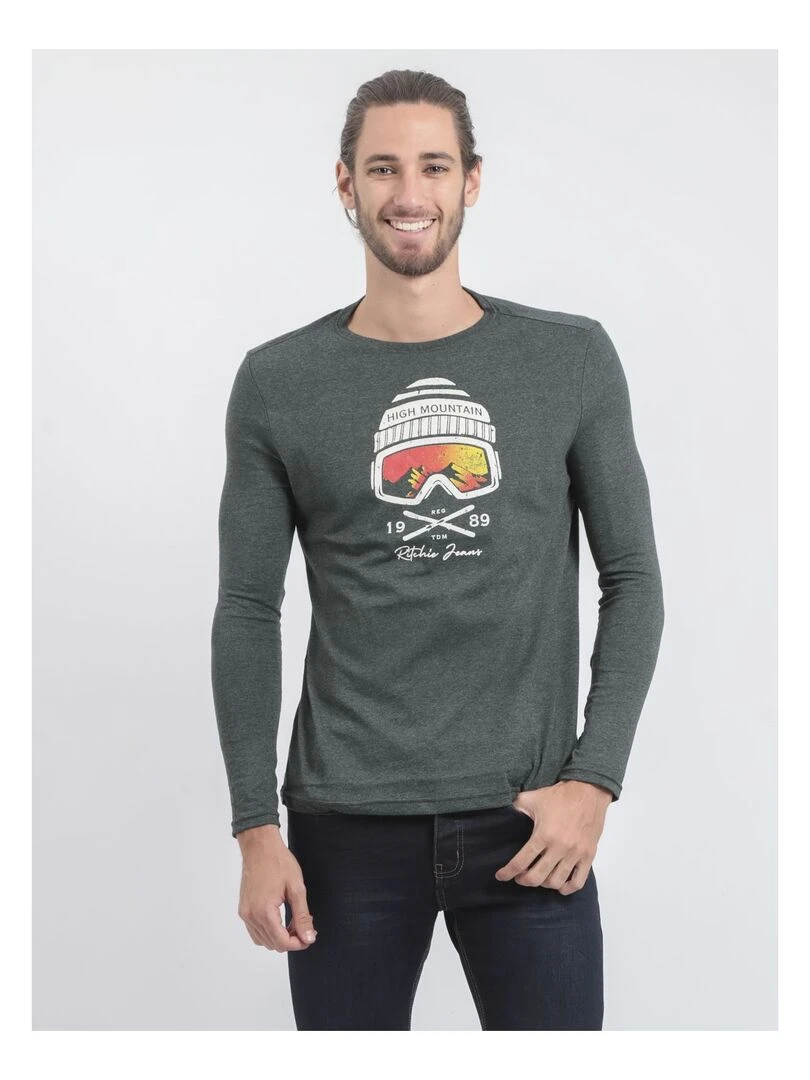 T shirt manches longues col rond pur coton JAMALA Vert foncé
