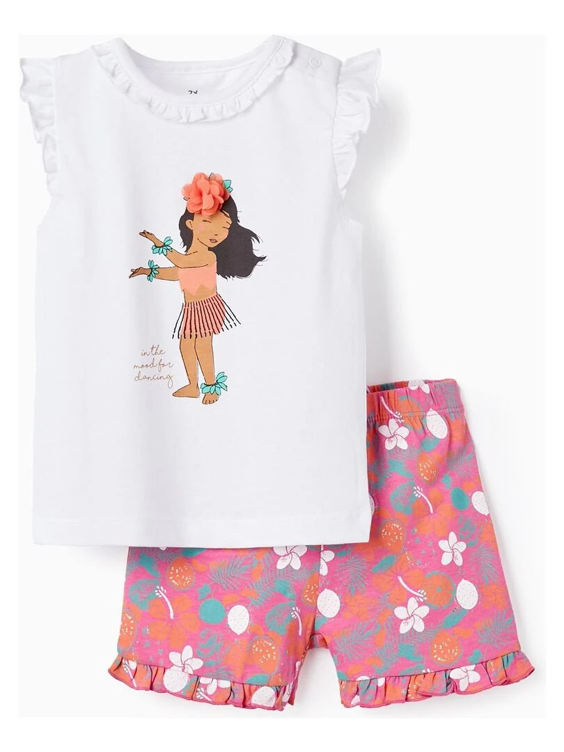 Pyjama en coton avec volants pour bébé fille 'Hawaiian' manches courtes FIJI ISLANDS Blanc