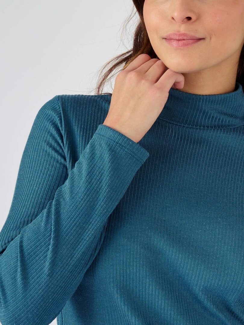 Sous pull col montant maille côtelée Thermolactyl et soie Damart Bleu pétrole