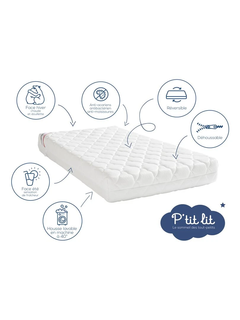 Matelas Bébé Parfait   60x120 cm   Déhoussable   Réversible   Blanc