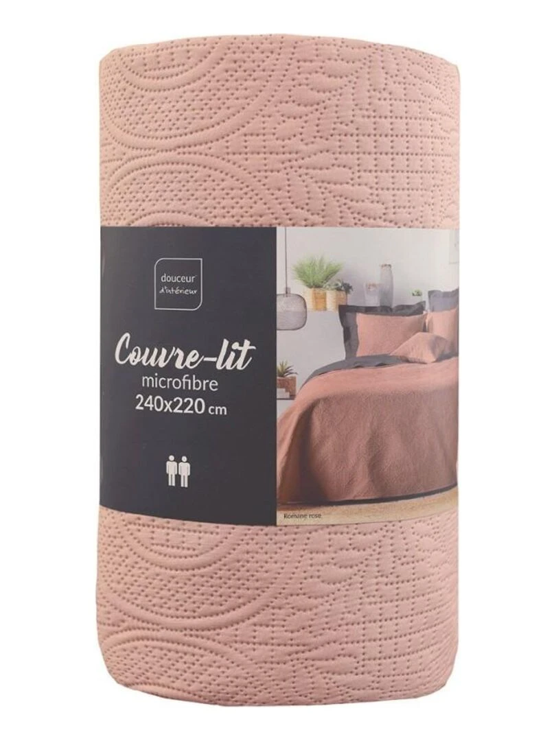 Couvre lit 2 personnes matelassé  microfibre unie Romane rose   Rose