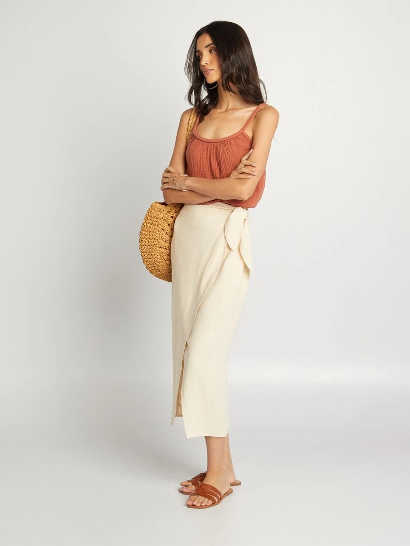 Jupe portefeuille en lin mélangé Beige