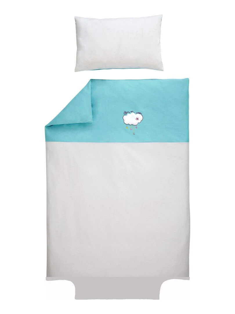 Parure de lit housse de couette brodée + taie Coton bio 'P'tit Basile' Bleu turquoise