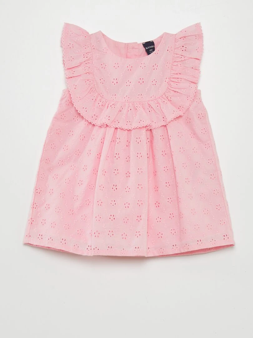 Robe avec broderies anglaises et volant Rose