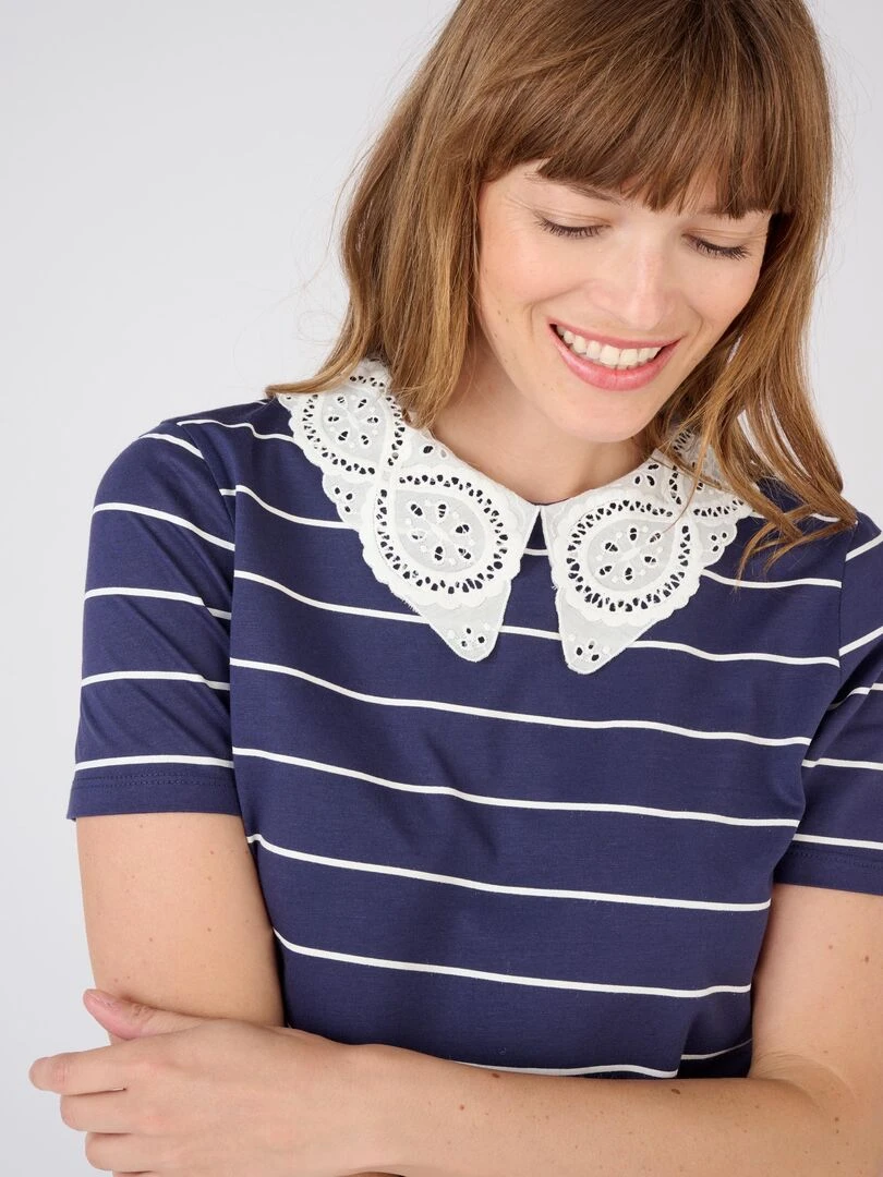 Tee shirt col broderie anglaise   Damart   Bleu marine