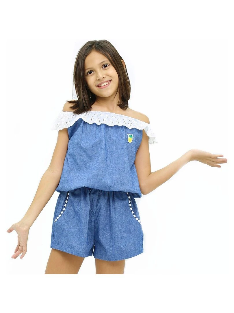 Combi Short Été Bleu Fille Col Élastique Dentelle Blanche LOLITA 'LA FAUTE A VOLTAIRE' Bleu clair