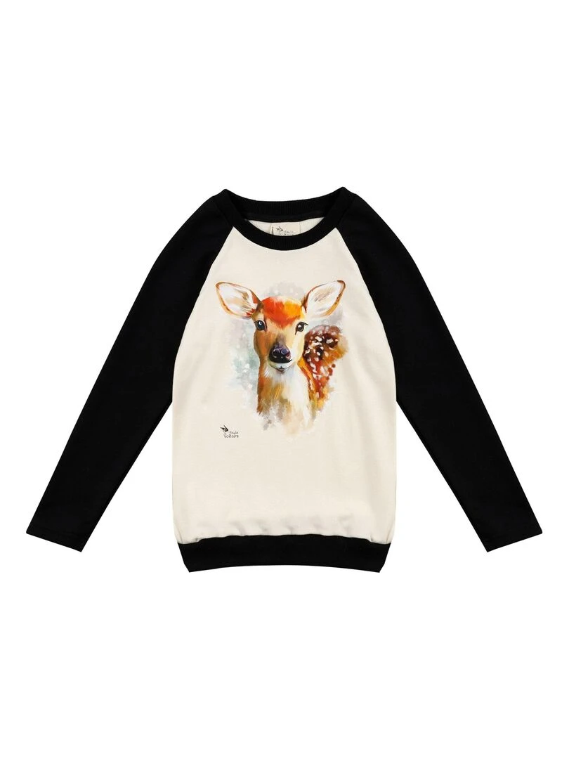 Sweat Beige Fille  Imprimé Bambi  THE FAWN   'LA FAUTE A VOLTAIRE'   Noir Beige