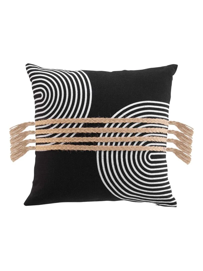 Coussin déhoussable avec tresses en jute Noir