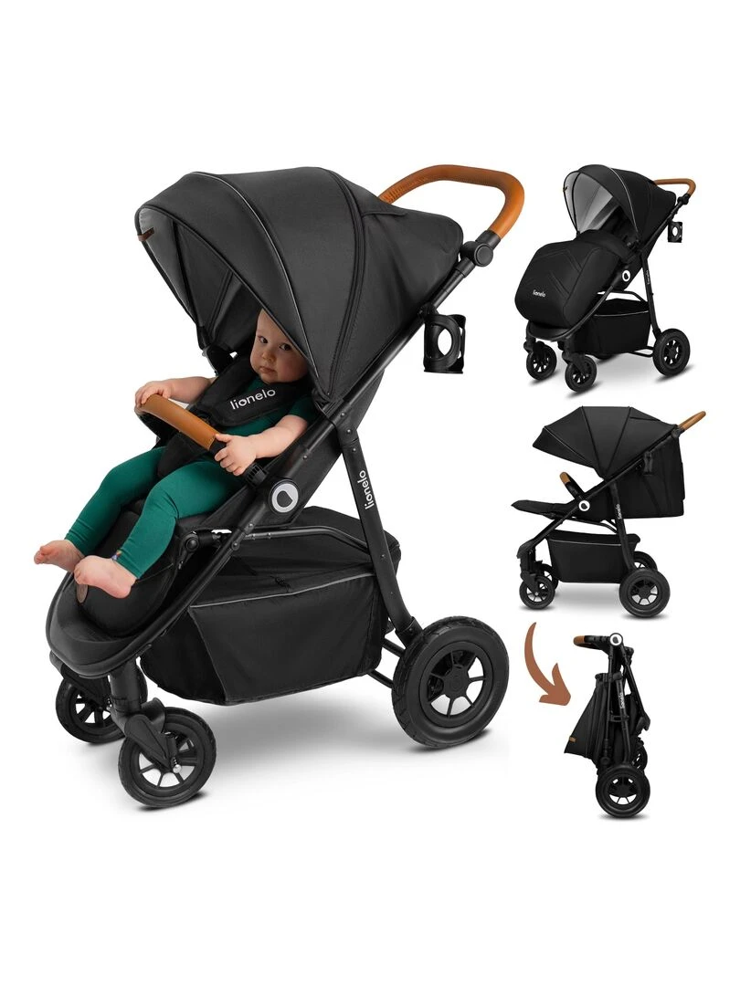 LIONELO Natt Poussette bébé compacte Jusqu'à 22 Kg Légère & pliable Noir Noir