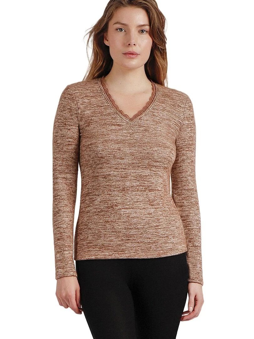 Top manches longues col V Puntilla   Beige