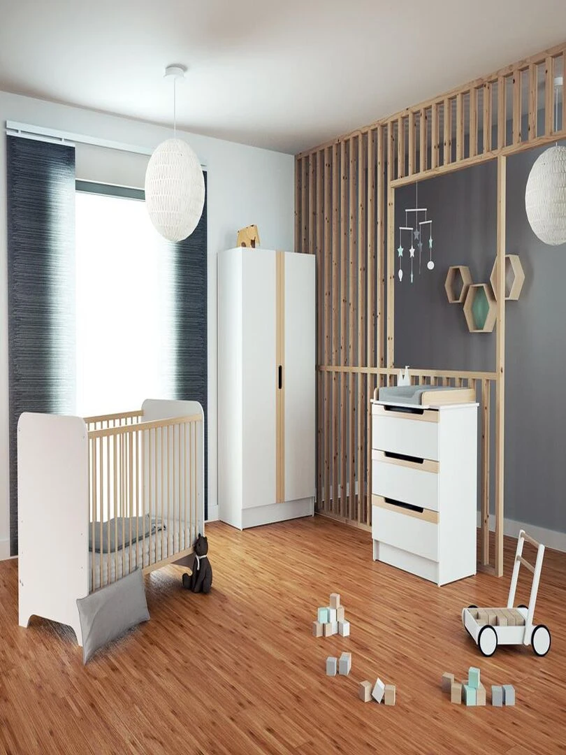 AT4    Lit bébé Carrousel en bois Blanc et Hêtre 60 x 120 cm   Marron clair