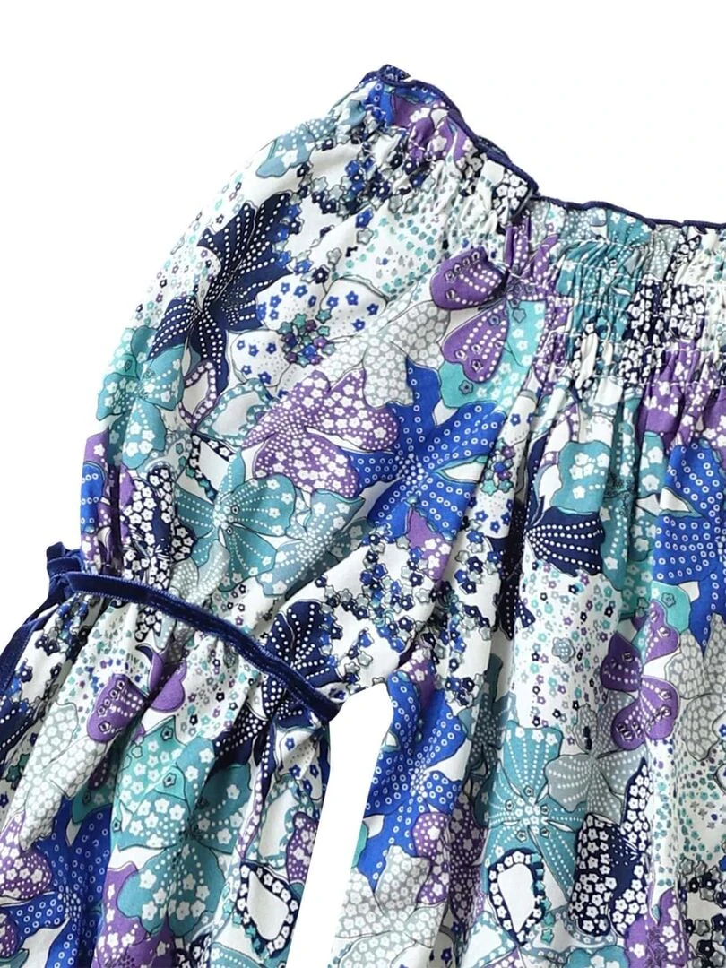 Blouse Fleurie Fille  Liberty Bleu Lilas  Col Smocks  CHIMENE   'LA FAUTE A VOLTAIRE'   Bleu Violet clair Blanc