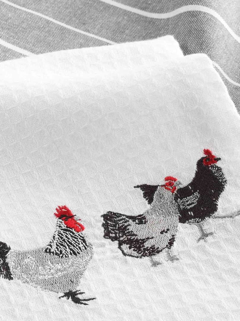 Lot de 2 torchons Auberge des poules Blanc