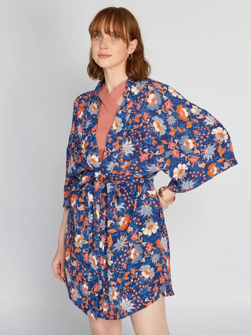 Veste kimono imprimée et ceinturée   Bleu