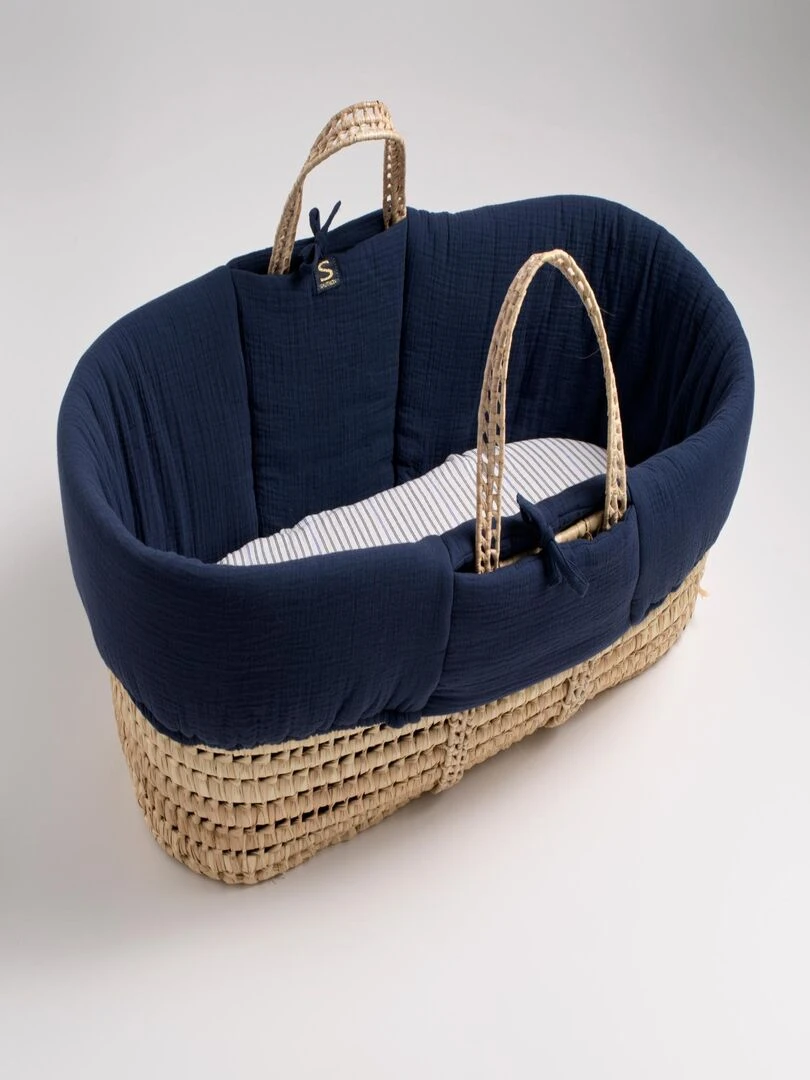 Couffin bébé en fibres naturelles avec habillage tissu SAUTHON Bleu Blanc