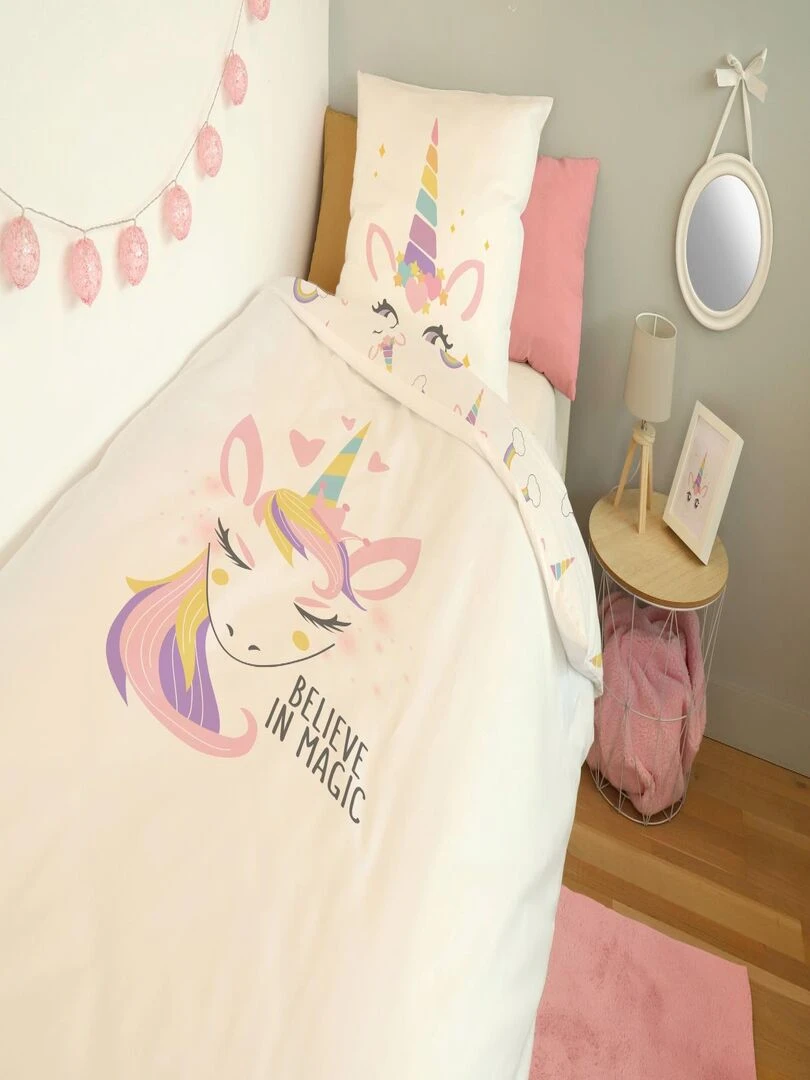 Housse de couette Licorne Lou&Loup 140x200 cm et taie d'oreiller 100% Coton Blanc
