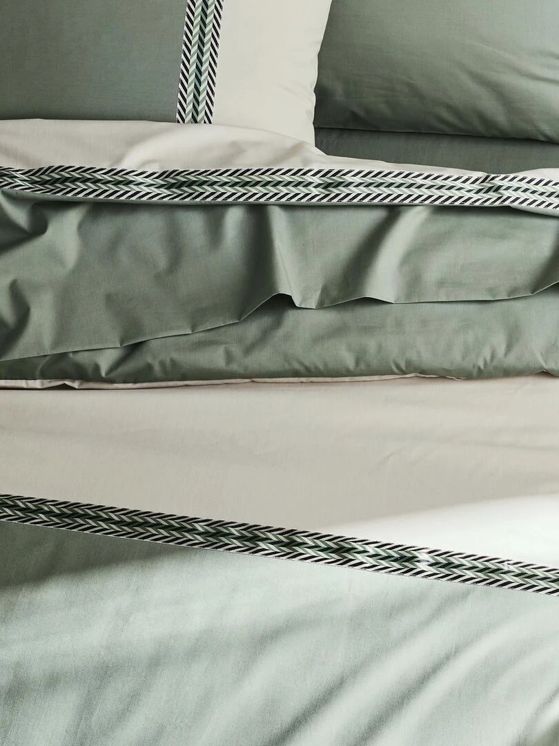 Drap plat en percale de coton à galon géométrique Vert olive