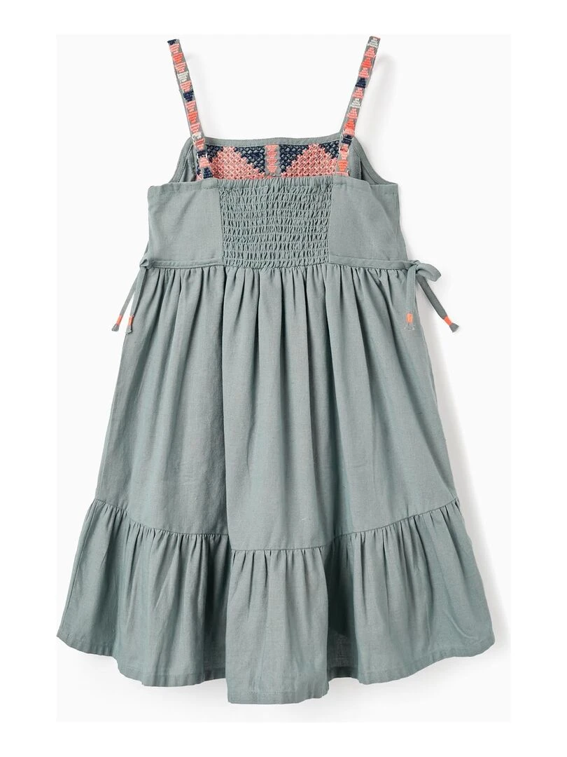 Robe En Coton Et Lin Avec Broderies Et Perles Pour Fille manches courtes Vert
