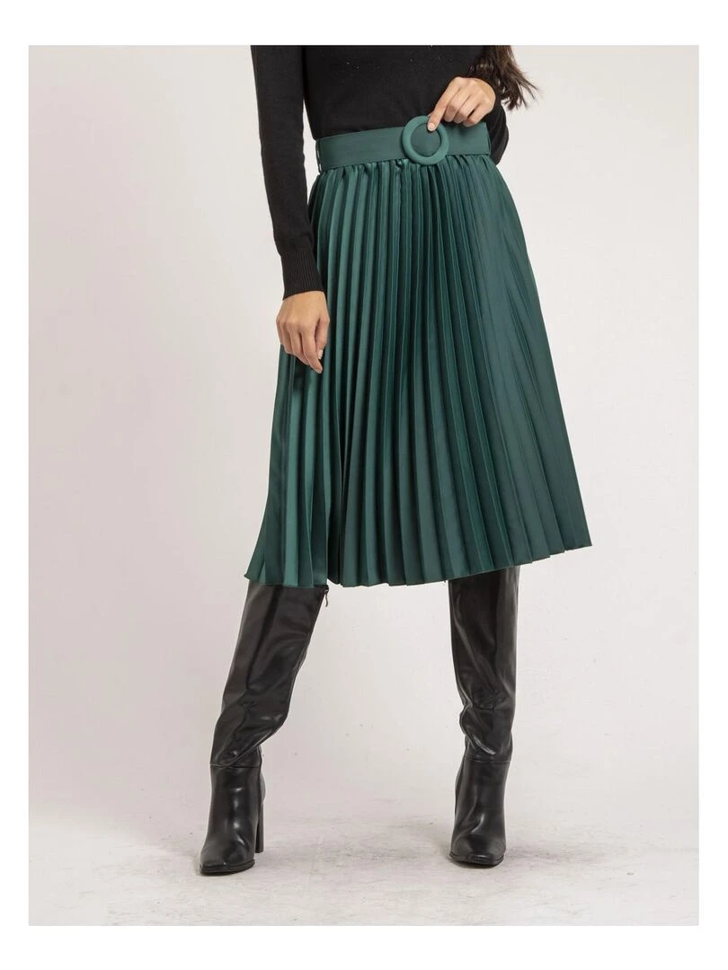 Jupe mi longue plissée satin et ceinture XOLIA Vert forêt