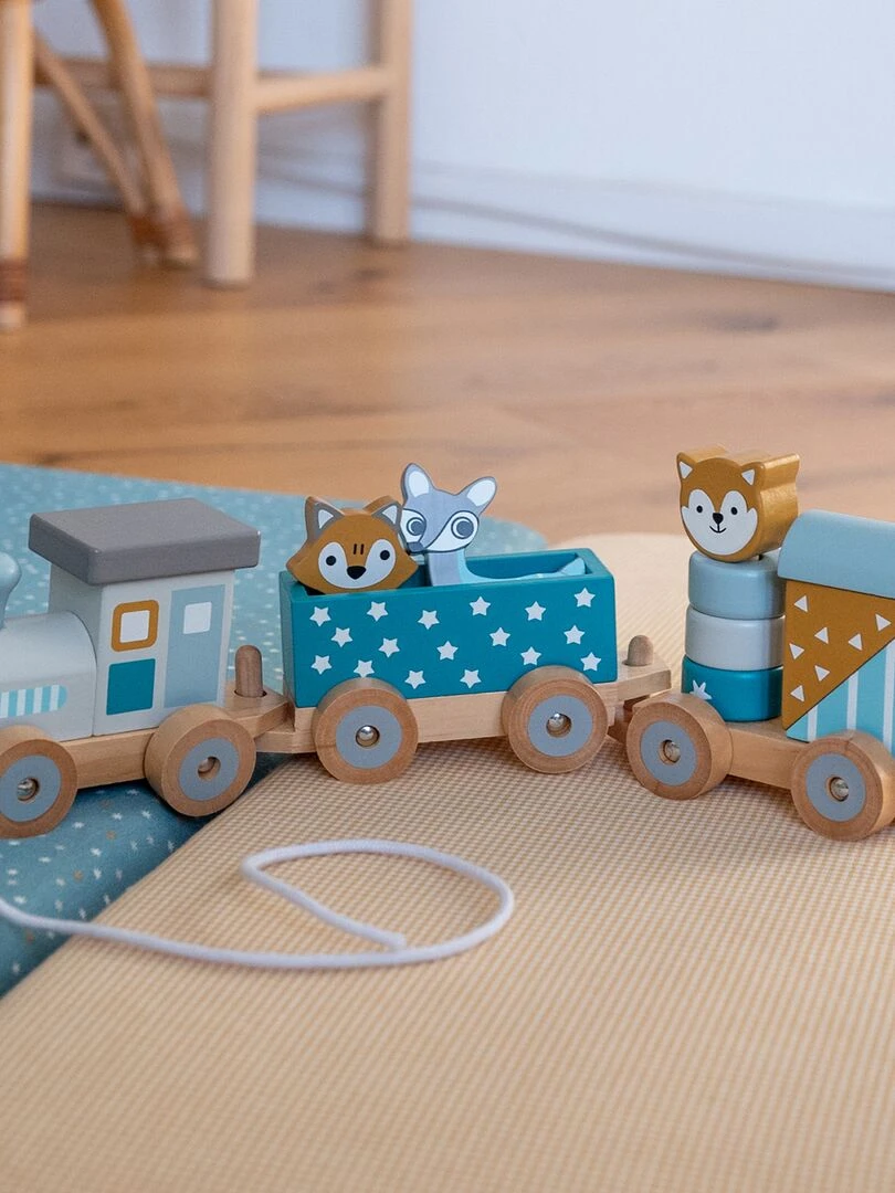 Petit train les animaux du zoo en bois étoiles Multicolore
