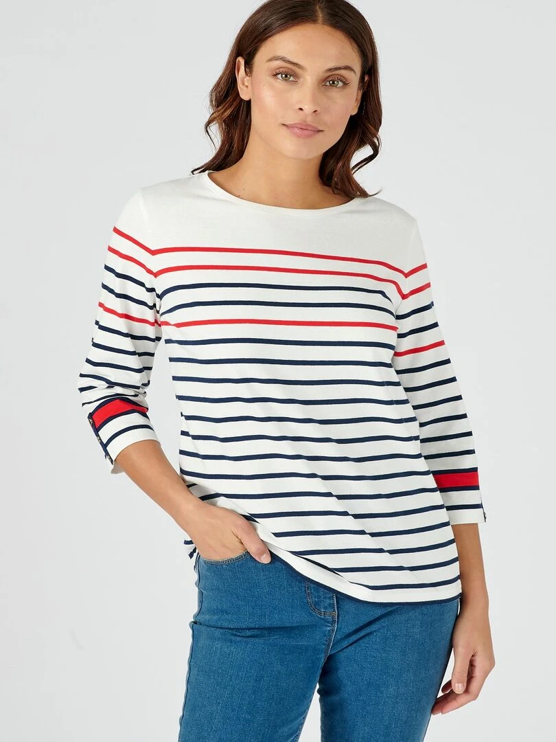 Tee shirt marinière en pur coton manches 3/4 Damart Blanc Rouge