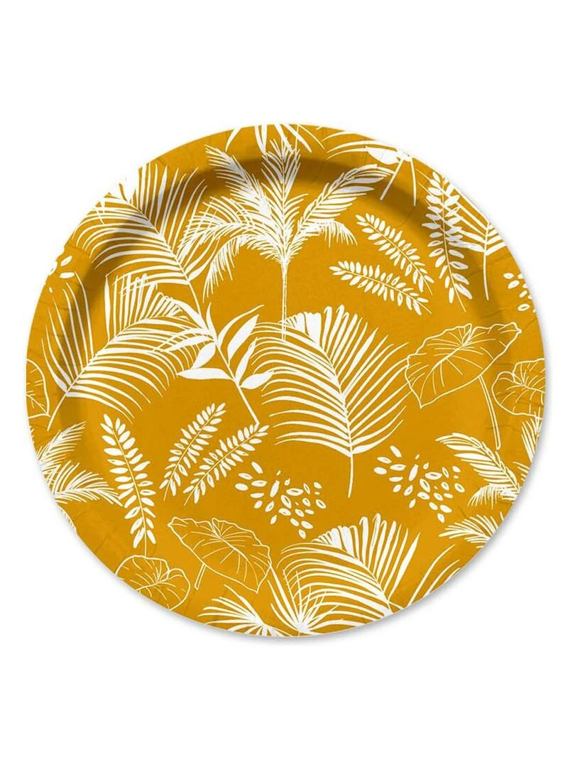 Set de 10 assiettes en carton 18 cm Palmier exotique Jaune