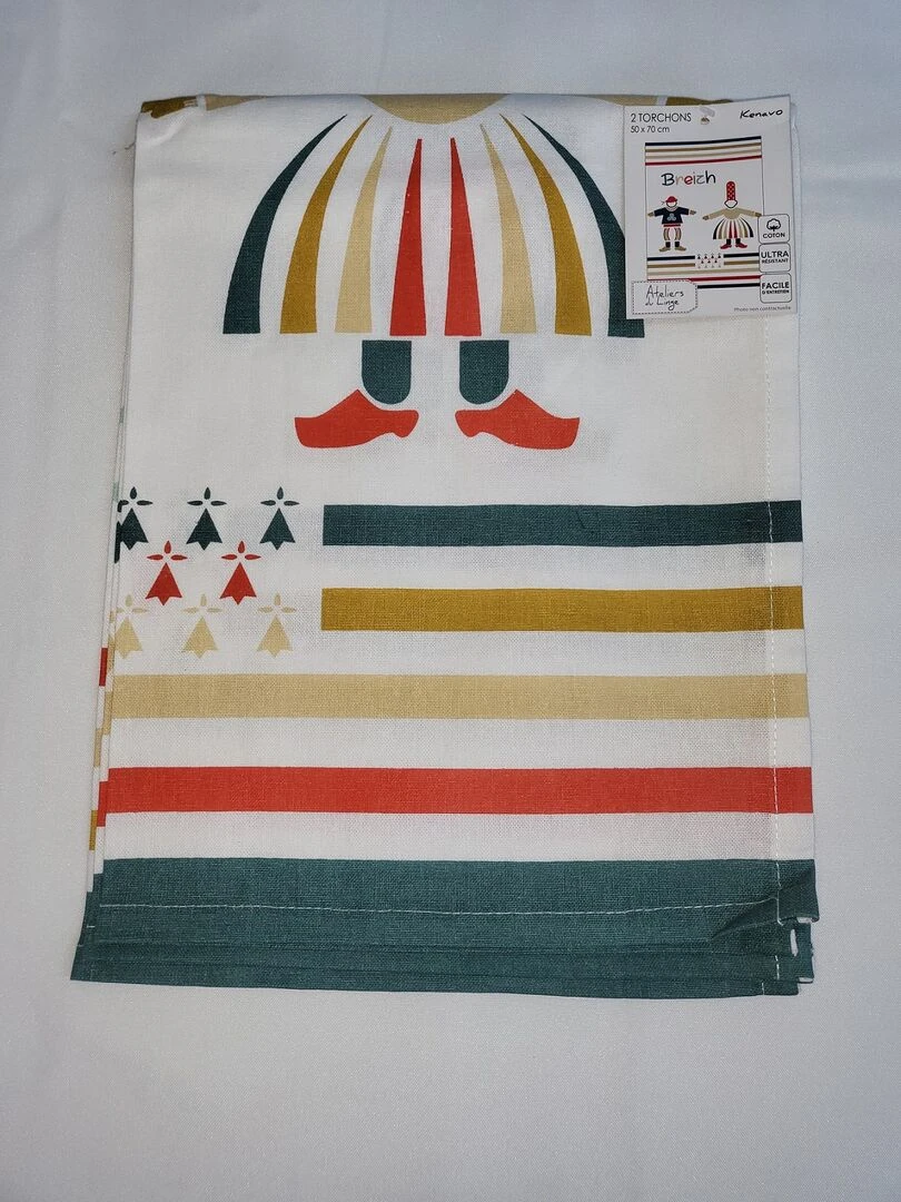 Lot de 2 torchons 50 x 70 cm Couple de bigouden bretagne Multicolore