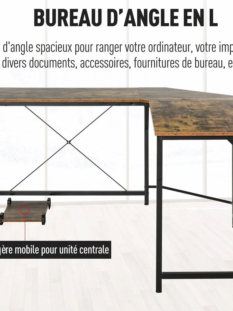 Bureau d'angle informatique design industriel aspect vieux bois métal noir   Marron