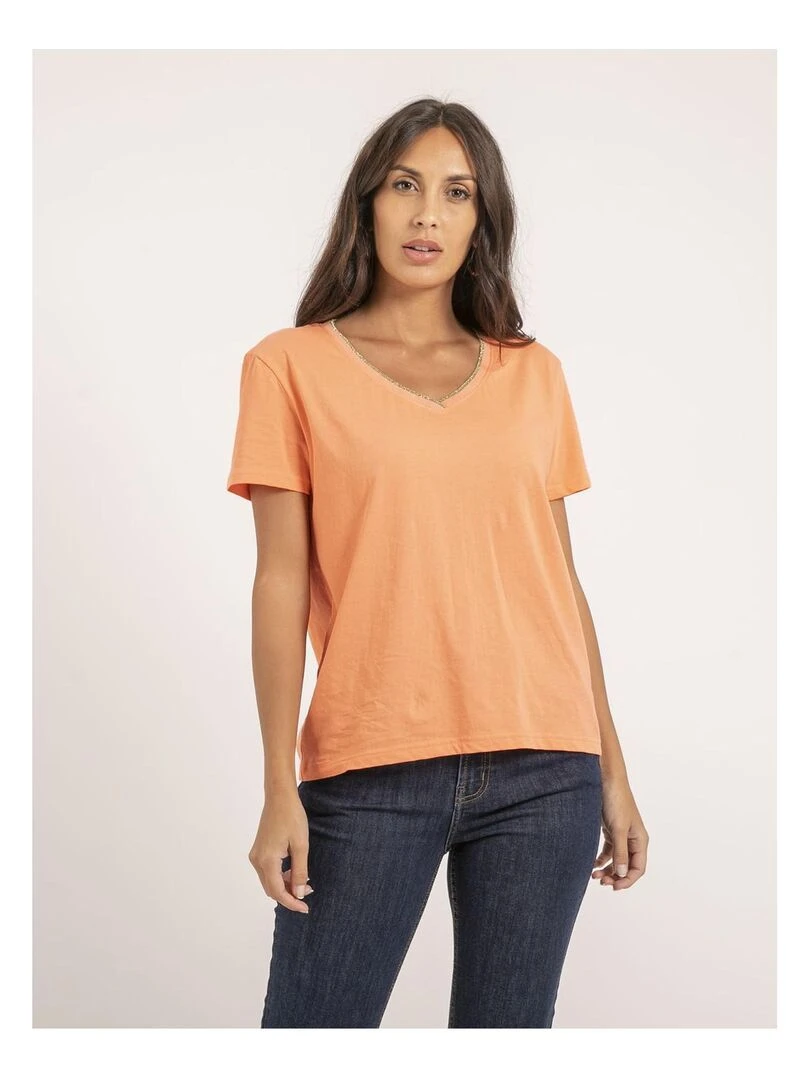 T shirt col V pur coton FAMIA Orange corail