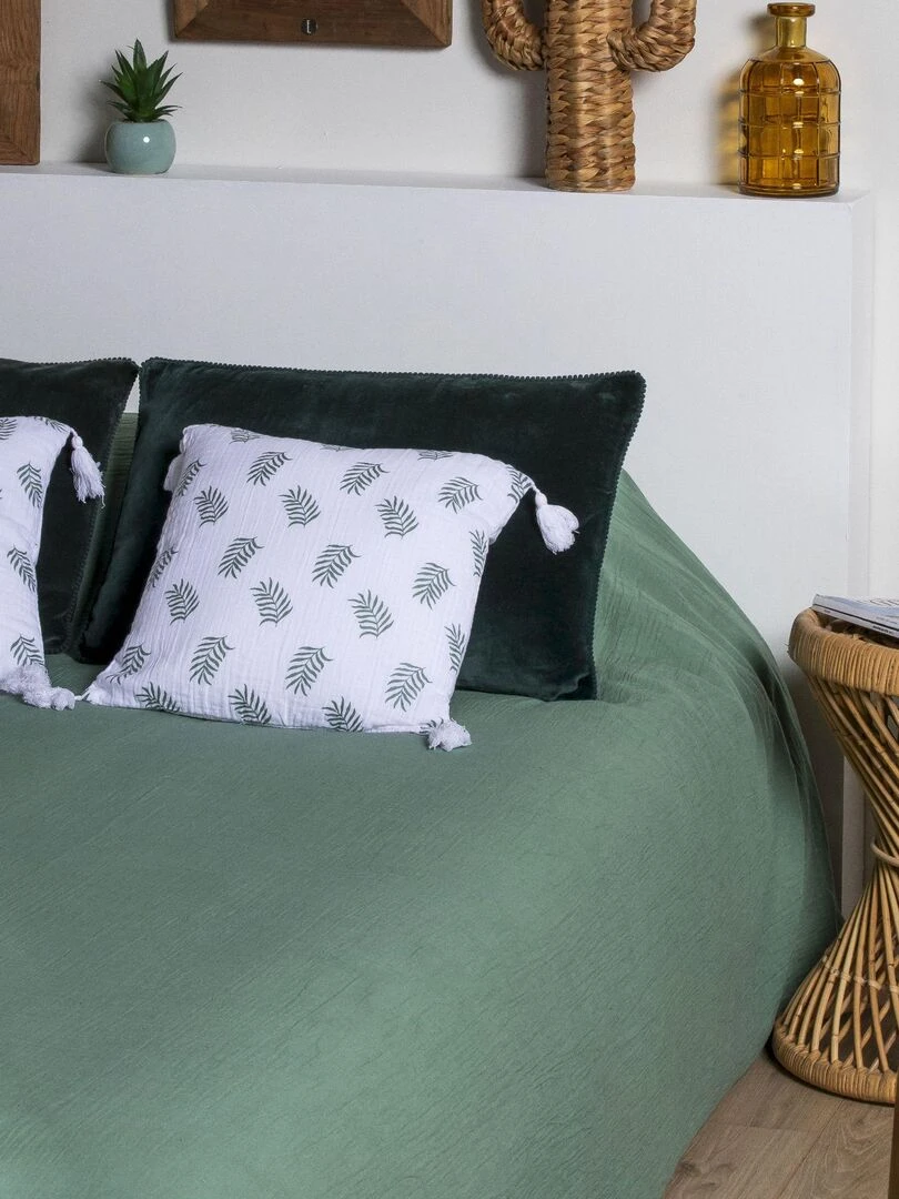 Coussin en double gaze de coton avec imprimé feuillage 'Deko&co'   Blanc Vert
