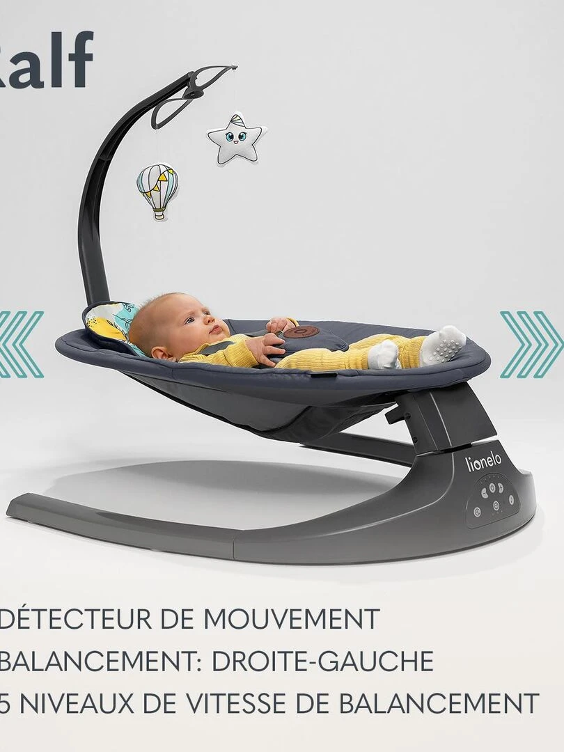 LIONELO Ralf Transat et Balancelle Électrique Bébé Ttélécommande 5 vitesses de balancement Gris Multicolore