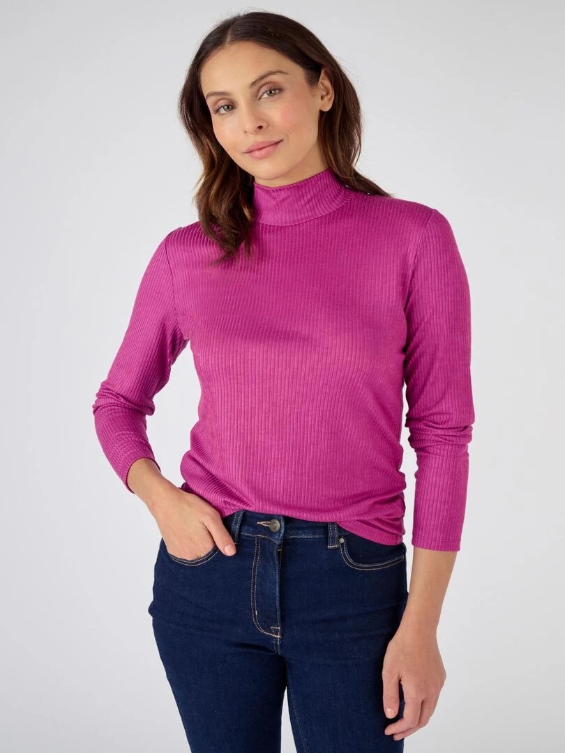 Sous pull col montant maille côtelée Thermolactyl et soie Damart Rose framboise