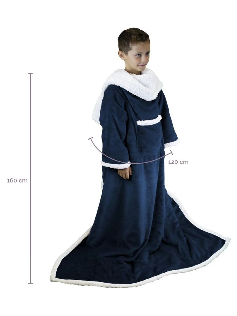 Couverture polaire plaid intégral avec manches et poche Sherpa et flanelle Vivezen Bleu