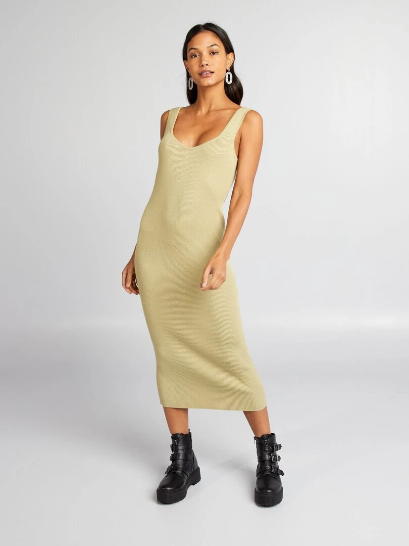 Robe tube midi en maille côtelée Kaki