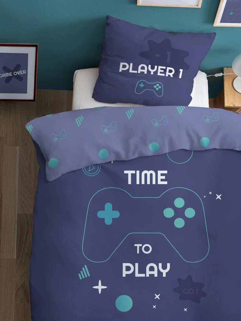 Parure de lit imprimée 100% coton GAMER Bleu nuit