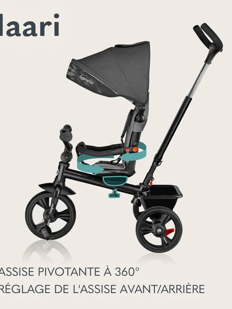 LIONELO Haari   Tricycle bébé évolutif   Jusqu'à 25 Kg   Siège réversible   Panier Sac   Noir