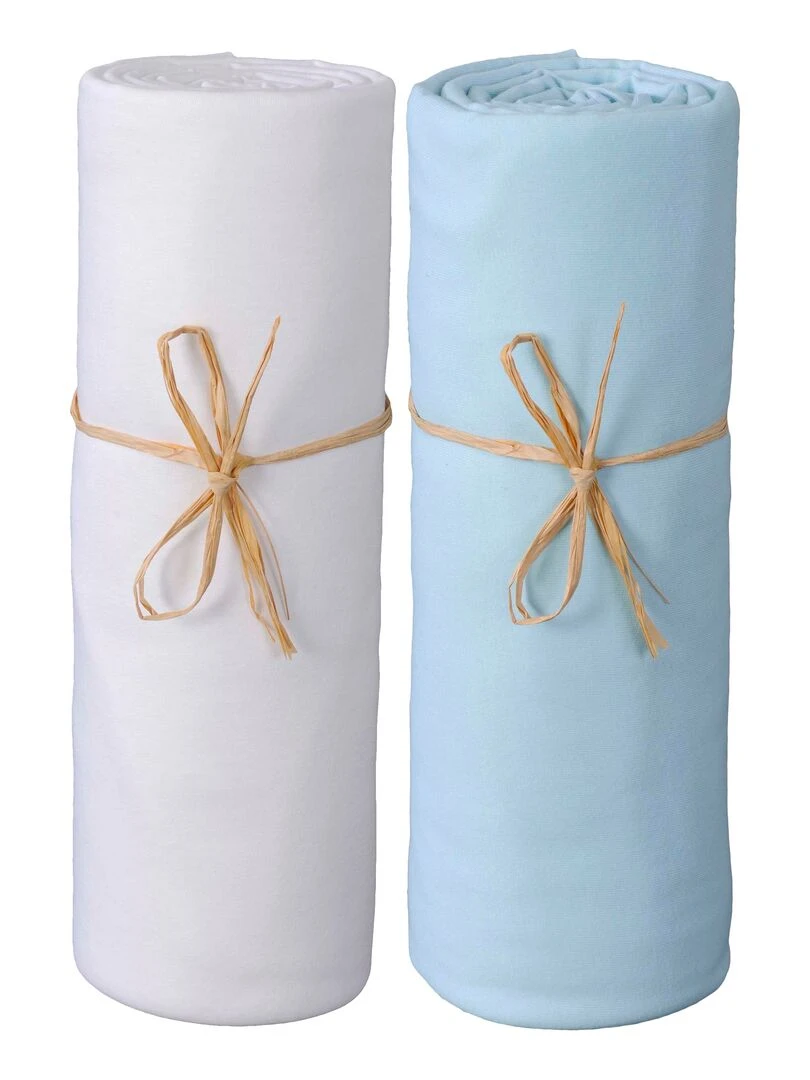 Lot x2 Draps housse bébé 100% jersey Bio peigné 'P'tit Basile' Blanc Bleu