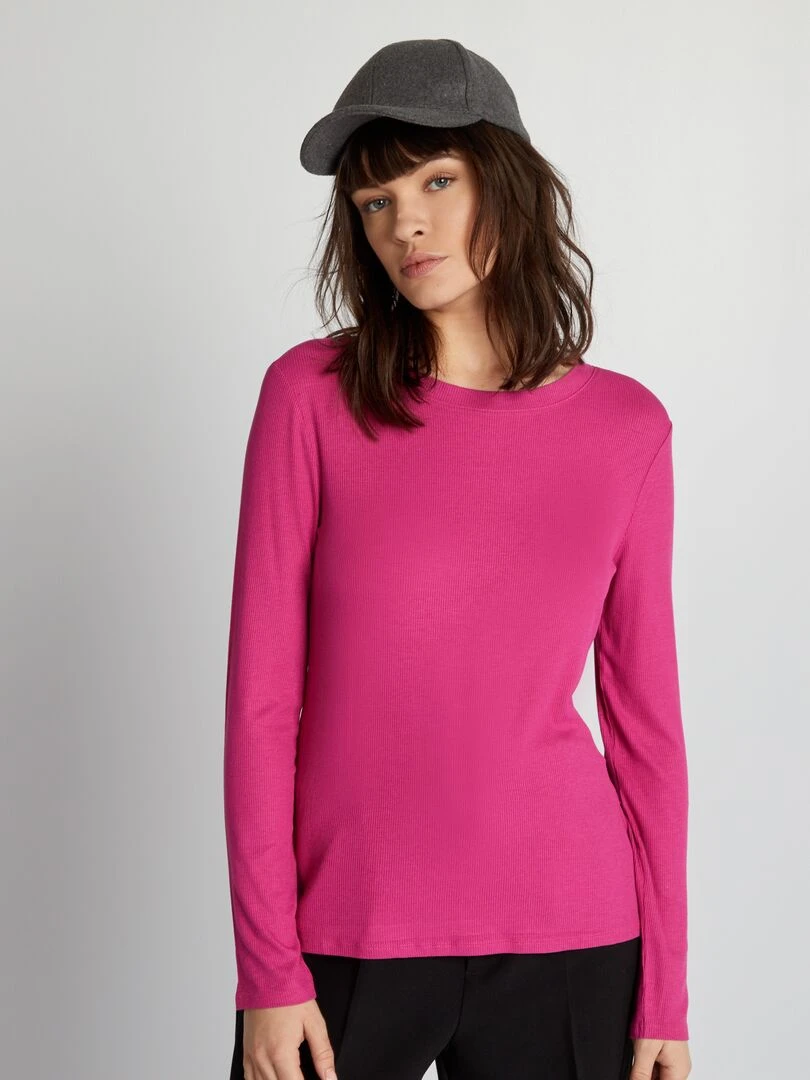 T shirt en maille côtelée stretch Rose