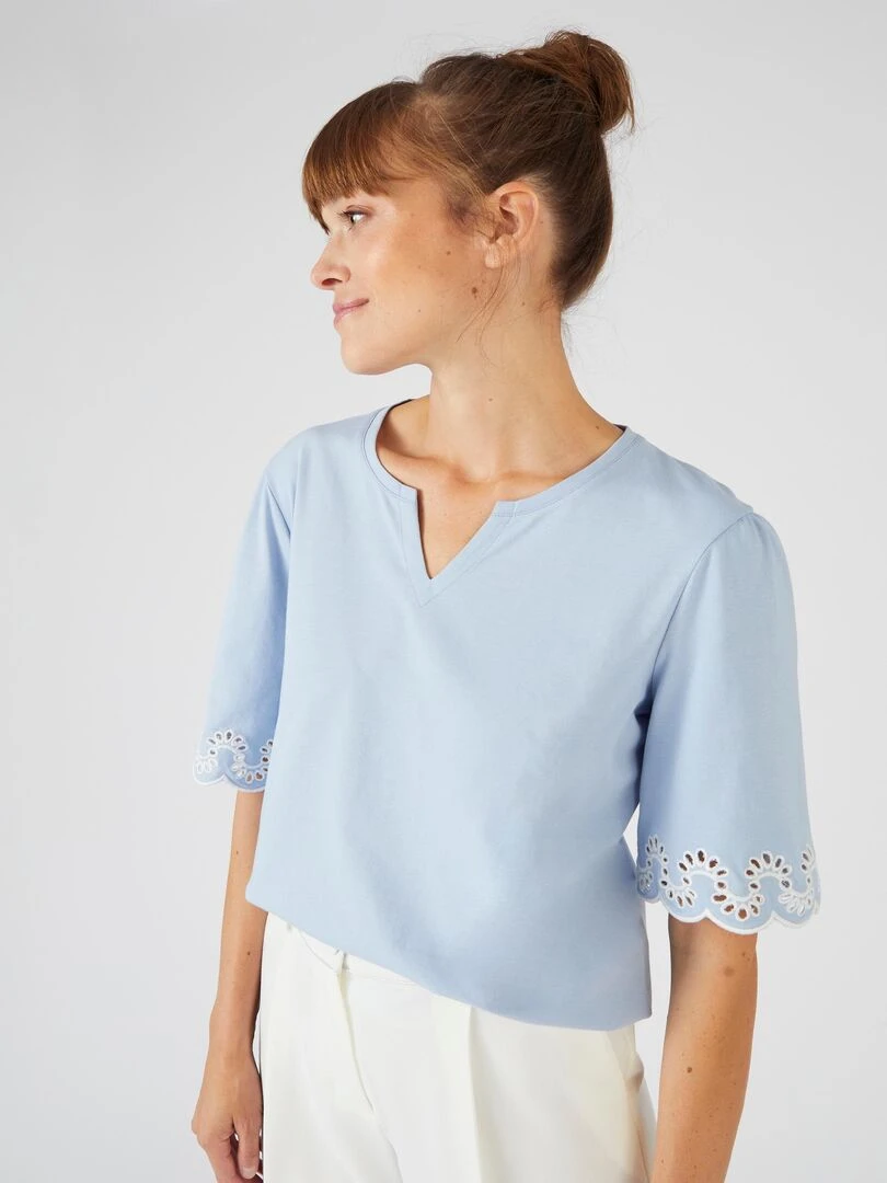 Tee shirt imprimé détails brodés. Damart Bleu gris