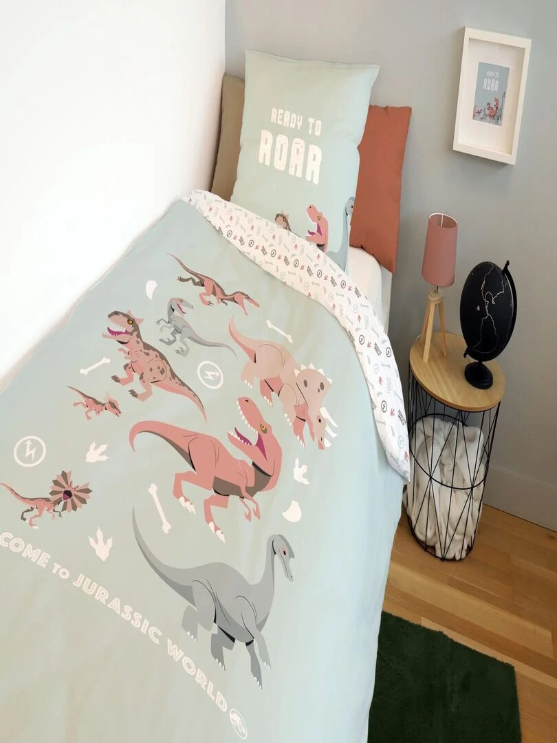 Housse de couette Jurassic World dinosaure 140x200 cm 100% Coton Vert d'eau