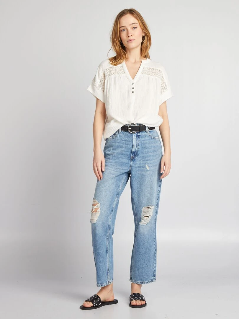 Blouse à manches courtes en gaze de coton blanc