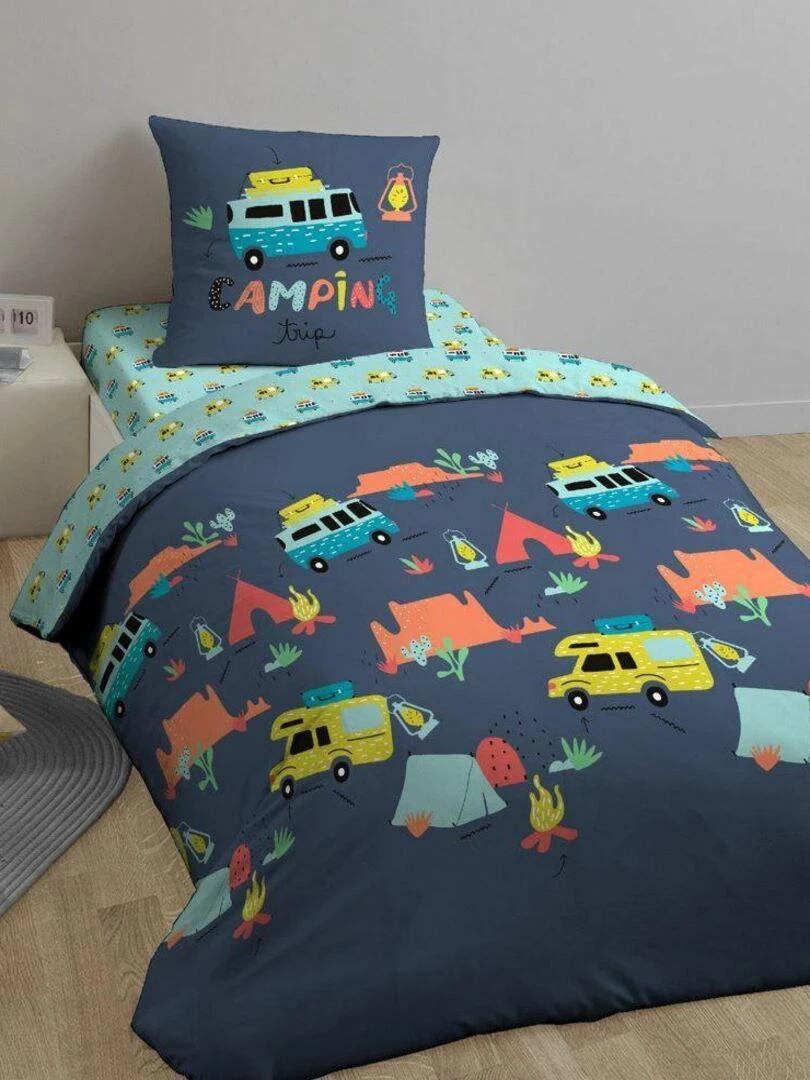 Housse de couette 140x200 + 1 taie d'oreiller 63x63 Coton Bio Bivouak   Bleu