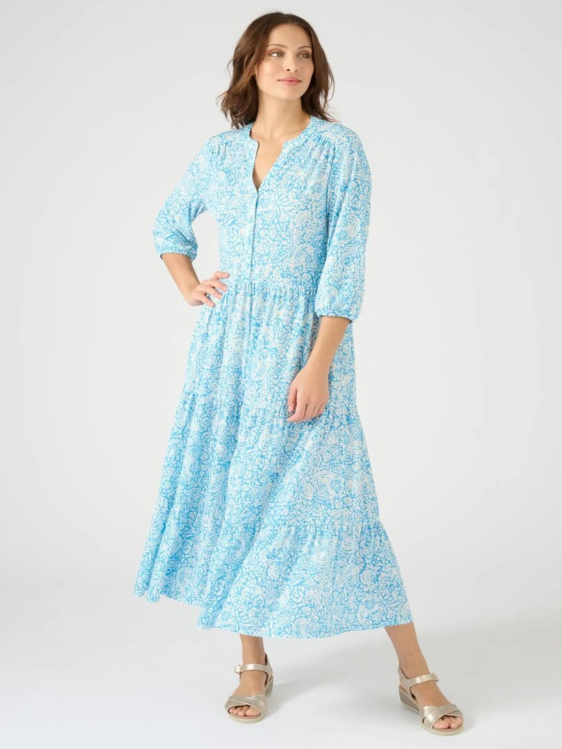 Robe longue maille crêpe à volants Damart Bleu