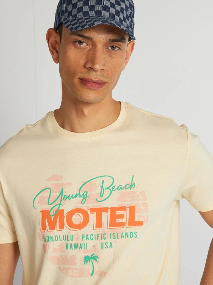 T shirt en coton imprimé à col rond   Beige 'Motel'