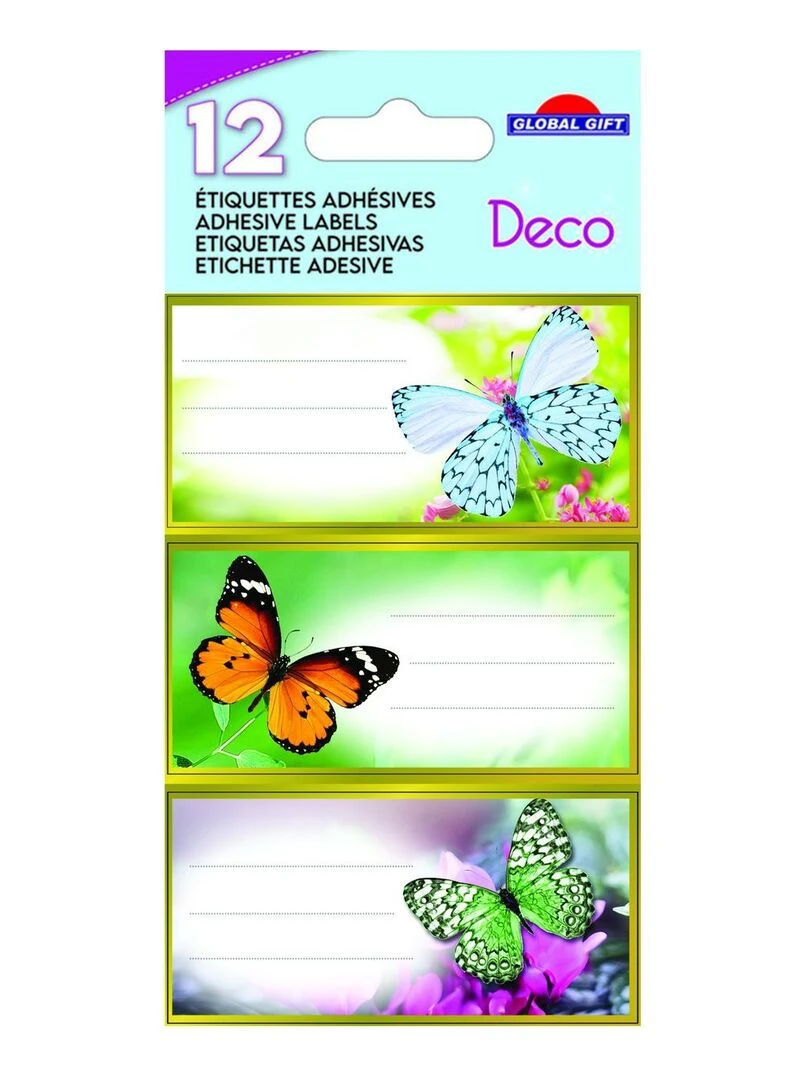 12 étiquettes adhésives scolaires Rectangle Papillons Dorures N/A