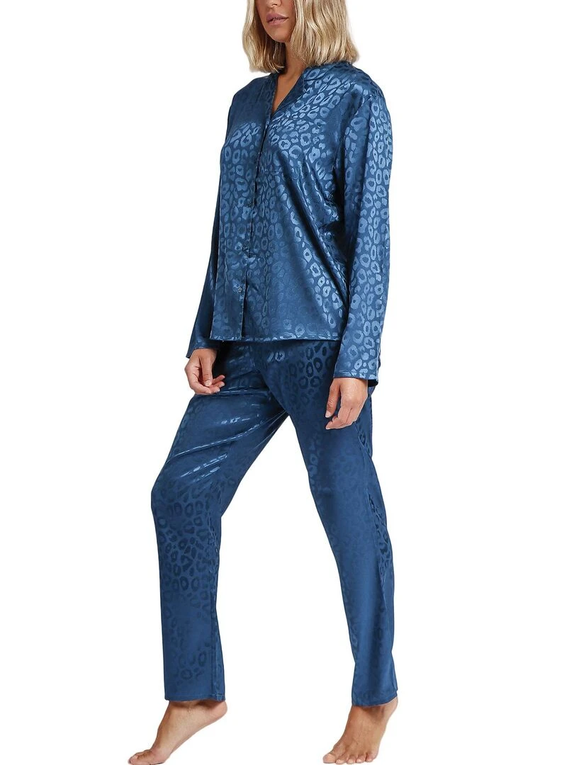 Pyjama pantalon chemise Satin Leopard   Bleu