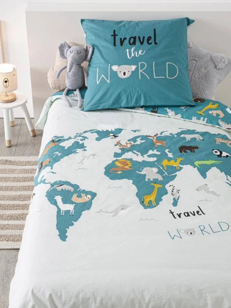 Housse de couette enfant 140x200 Carte du monde + taie 100% coton 57 fils Bleu